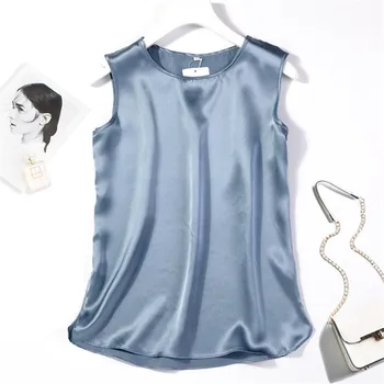Kadın buz ipek Bluzlar Üstleri Artı Boyutu Saten Ofis Siyah Kadın Tunik Zarif Gömlek 2023 Yaz Şifon O-boyun İpek Sling Yelek