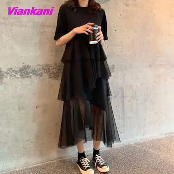 Kadın Elbise Yaz Kore Ekleme Pilili Tül T shirt Elbiseler Kadın 2022 Moda Büyük Boy Siyah Gri Renk Elbise Elbise