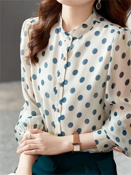 Kadın İlkbahar Sonbahar Stil Bluz Gömlek Lady Casual Uzun Kollu Standı Yaka Polka Dot Baskılı Blusas Tops DF4631