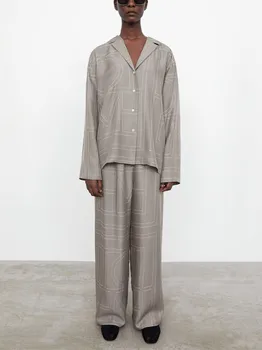 Kadın İşlemeli Geometrik Gömlek Çentikli Tembel Pijama 2022 Yeni Tek Göğüslü Uzun Kollu Bluz Gevşek Üst