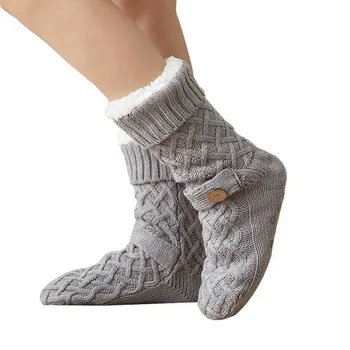 Kadın Kat Çorap Sıcak Kış 2022 Düz Renk Örme Bulanık Polar Astar Kat Çorap Kaymaz Taban ile Ev için, Noel