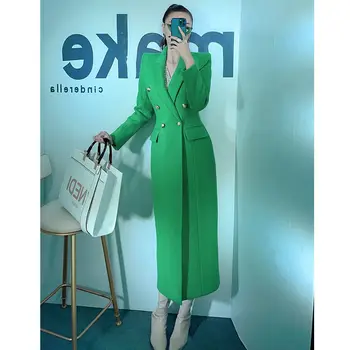Kadın Kruvaze Blazer Uzun Yün Ceket Zarif Yün Karışımları Moda Trençkot Kalınlaşmak Kadın Yeşil kışlık palto