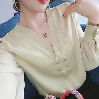 Kadın kıyafetleri Moda Düğmeleri Düz Renk V Yaka Uzun Kollu Bluz Sonbahar Mizaç Pilili Şifon Gömlek Bayanlar Casual Tops