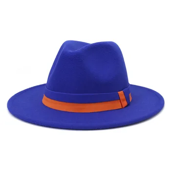 Kadın Kış Turuncu Mavi Patchwork Kemer Keçe güneş şapkası Yeni Moda Geniş Ağız Panama Fötr Kap Toptan