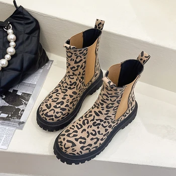 Kadın Leopar Baskı Moda Gotik ayakkabı Botları Kalın Taban Leopar Baskı Ayak Bileği Kısa Deri Bayan Sonbahar Kış 2022 Kısa Çizme
