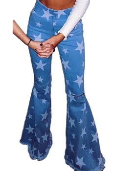 Kadın Moda Sıska Yıldız Şekli Baskılı Püskül ile Sıkı Denim Kot Seksi Yüksek Sokak Çan Dipleri Vintage Flare Pantolon