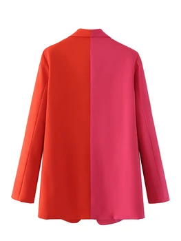 Kadın Ofis Bayan Blazer Pembe ve Kırmızı Kontrast Renk Uzun Kollu Blazer Ceket Vintage Cepler Giyim Sonbahar Üstleri 2022