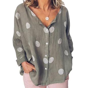 Kadın Polka Dots Bluzlar Gevşek Düğme Aşağı T Shirt Vintage Casual Gömlek Bluz Uzun Kollu V Boyun Gömlek Bluz Tops