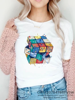 Kadın Rubik Küp Komik Baskı T-shirt Kız Y2K Kısa Kollu Tees Tops 90S Tişörtü Kadın Harajuku Giyim