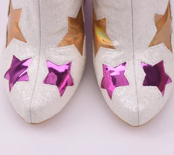 Kadın Shinning Glitter Tıknaz Yüksek Topuklu yarım çizmeler Bayanlar Sevimli Yıldız Patchwork Püskül Çizmeler Kızlar Sivri Burun Ayakkabı