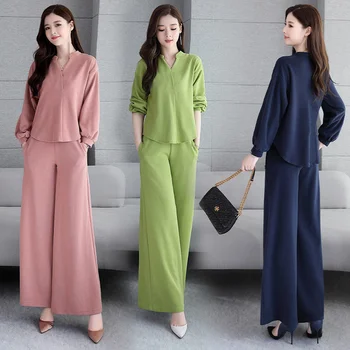 Kadın Takım Elbise 2021 İlkbahar Sonbahar Yeni Moda Kore Tarzı Gevşek Üstleri Geniş Bacak Pantolon İki Parçalı Set Kadın Artı Boyutu Giyim Bayanlar