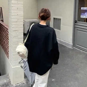 Kadın Waffle Hoodies Katı O-Boyun Rahat Uzun Kollu Moda Giyim Kore Tarzı Ins Genç Tişörtü Şık Bahar Sonbahar