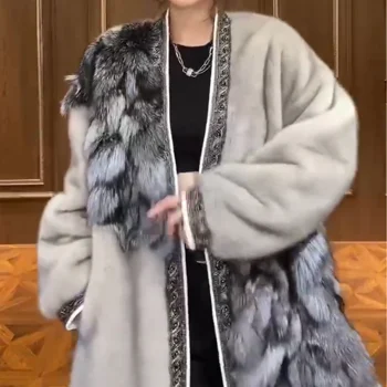 Kadın Yeni Tilki Kürk Avrupa Vizon Kürk Ceket Uzun Kollu Palto Orta Uzunlukta Kış Sıcak Lüks Zayıflama Moda Kürk Ceket