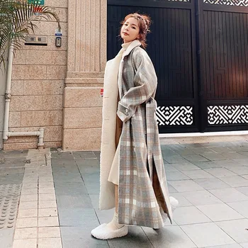 Kadın Yün Ceket Uzun Kış Ekose Ekleme Kalınlaşmış Bayanlar Pelerin Gevşek Kuzu Yün Kaliteli Moda Kruvaze Yeni Ceket