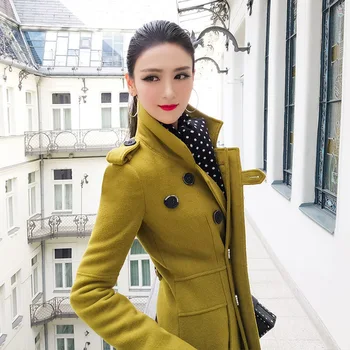 Kadın yün karışımları vintage cepler Orta Uzunlukta ceketler Giyim kadın Kalın Sıcak Kore İngiltere Paltolar