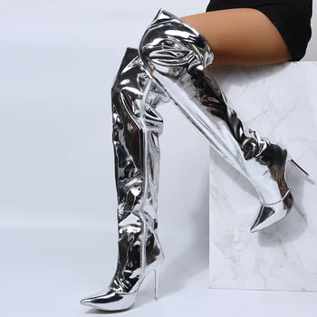 Kadın Çizmeler Ayna Platformu Sivri Burun Punk Yüksek İnce Topuklu Diz Üzerinde Uzun Çizmeler Sonbahar Kış Zip Gümüş Rahat parti ayakkabıları