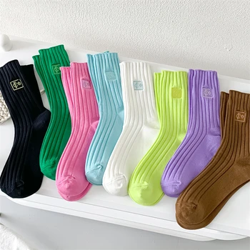 Kadın Çorap Yüksek Kaliteli Nefes Sonbahar Kış Çizgili Spor Uzun Pamuklu Çorap Düz Renk Nakış Japon Tarzı Rahat
