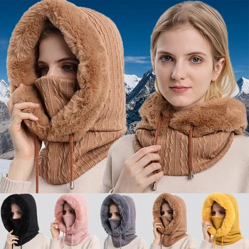 Kadın Örme Kaşmir Kürk Şapka Kap Maske Seti Hood Kış Sıcak Kalınlaşmak kayak şapkası Açık Rüzgar Geçirmez Eşarp Kapaklar Peluş Kabarık Kasketleri