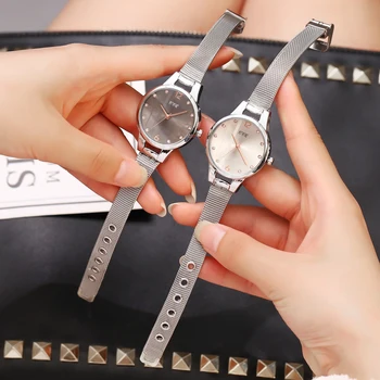Kadın Şerit kadranlı saatler Lüks Gümüş Örgü Bilezik Kuvars Saat Moda Bilek Saatler Zegarek Damski