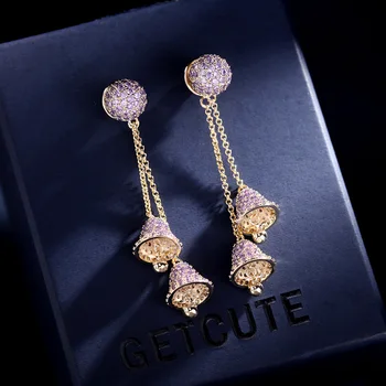Kadınlar Lüks Düğün Küpe Takı Mikro Açacağı Kübik Zirkonya Altın Kaplama Mücevher Tasarımcısı Moda Bells Dangle Küpe