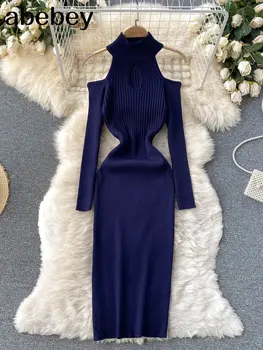 Kapalı Omuz Kadın Örme Kalem Elbise Uzun Kollu Elastik İnce Elbise Sonbahar Kış Seksi Bodycon Sıcak Kazak Maxi uzun elbise