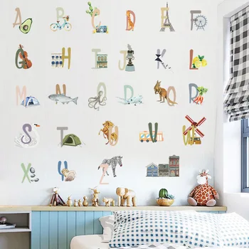 Karikatür Sevimli 26 Harfler Alfabe duvar çıkartmaları Çocuk Odaları İçin Çocuk Yatak Odası Oturma Odası Duvar Çıkartması Posteri sanatsal fresk Duvar Kağıdı