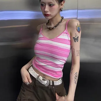 Karrram Japon Grunge Çizgili Kaşkorse Kore Moda V Yaka Kırpma Üst Y2k Estetik E-kız Cami Üst Harajuku Vintage Tank Top
