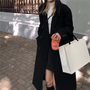 Karışımları Kadın Bahar Sonbahar Ceket Moda Sıcak Dış Giyim Yün Kadın Uzun Kollu Çentikli Zarif Kruvaze Katı Vintage Retro
