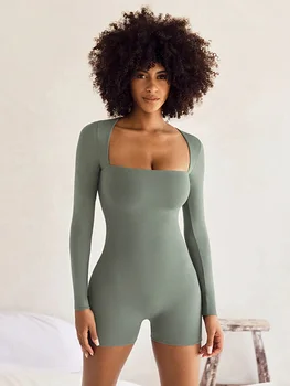 Katı Rahat Kare Yaka Tulum kadın kıyafetleri Yüksek Bel Gecelik Seksi Tek Parça Tulum Slim Fit Uzun Kollu Tulum