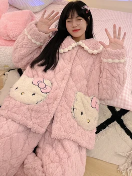 Kawaii Sanrios Hello Kitty Sevimli Karikatür Pijama Anime Kış Sıcak Artı Kadife Kalın Pijama Gecelik Seti Kız doğum günü hediyesi