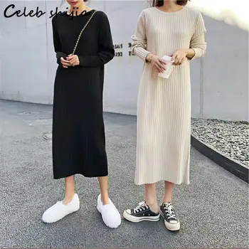 Kayısı Zarif Örme Elbise Kadın O-Boyun Sonbahar 2022 Streetwear Kazak Elbiseler Kadın Gevşek Kore Şık Sıcak Giyim Kış