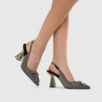Kelebek Düğüm Taklidi Pompaları Sequins Bling Kristal Altın Kenarlı Sandalet Sivri Burun Slingback Garip Kadın moda ayakkabılar