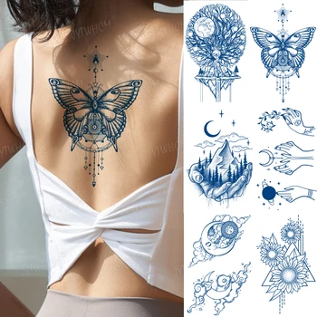 Kelebek Geçici Dövme Etiket Geri Yarı Kalıcı Su Geçirmez Dövme Kadınlar İçin Mavi Gerçekçi 7-15 Gün Vücut Sanatı Kol Etiket