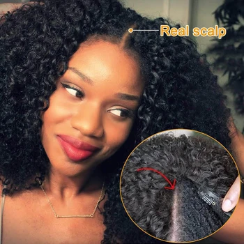 Kinky Kıvırcık V Kısmı Peruk İnsan Saçı Hiçbir Tutkalsız Perulu Saç İnce Kısmı Peruk Siyah Kadınlar İçin Afro Kıvırcık Peruk 150 % Yoğunluk