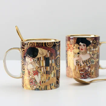Klimt Öpücük Porselen Kupalar Kahve Fincanları Kaşık Gustav klimt Kemik çini Düğün doğum günü hediyesi Ofis Drinkware