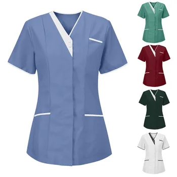 Klinik Bakıcı hemşire üniforması Kadın Cep Katı Fırçalama Üstleri Kısa Kollu V Yaka Güzellik Salonu Tulum Diş Sağlık Tunik