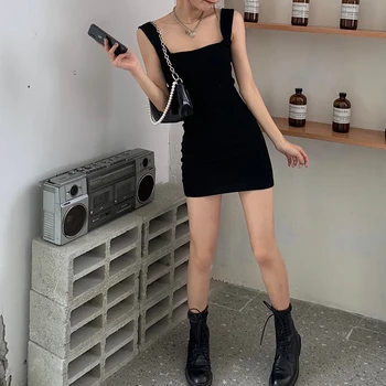 Kolsuz Elbise Kadın Kılıf Mini Yaz İmparatorluğu Seksi Giyim Basit İnce Moda Kız Ulzzang Kolej Tasarım Streetwear Casual