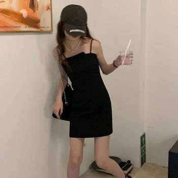 Kolsuz Elbise Kadın Spagetti Kayışı Diz Üstü Siyah Yaz Kore Tarzı Düzensiz Yüksek Bel A-line Fermuar Serin Rahat Şık