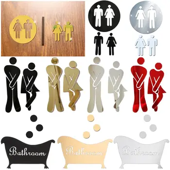 Komik WC Dekorasyon Çıkarılabilir Tuvalet Posteri 3D duvar çıkartmaları Kadın ve Erkek Ayna Yüzey Çıkartması Tuvalet Giriş İşareti