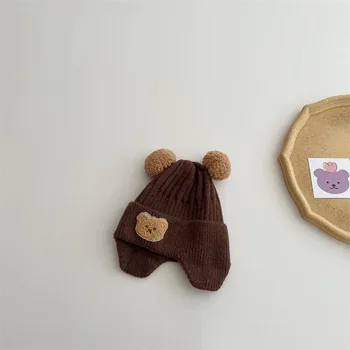 Kore Ayı Bebek Şapka Kış sıcak Çocuklar Örgü Şapka Sevimli Ponpon Bebek Bere Kap Kız Erkek 2022 Çocuk Sonbahar Kap Aksesuarları