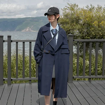 Kore Orta uzunlukta Asimetrik Yaka Tek Düğme Trençkot Rahat Lacivert Haki Bahar Sonbahar Uzun Kollu Kadın Giyim