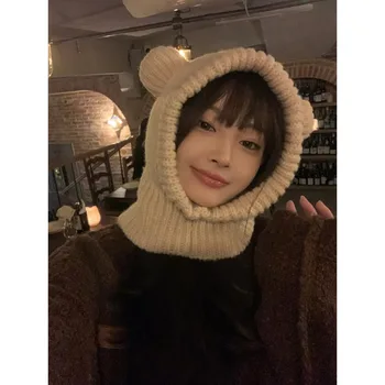 Kore Versiyonu Sevimli Küçük Ayı Kulak Kazak örgü Şapka Kadınlar İçin Sonbahar Ve Kış Sıcak Yün Şapka Peluş Entegre Kapaklar