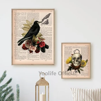 Koyu Akademi Dekorasyon Estetik Tuval Boyama Mantar Kuş Vintage Witchy Baskılar Kafatası Çiçek Posteri Gotik Ev Dekor