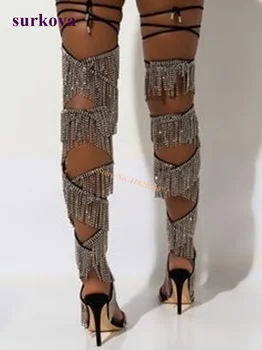 Kristal Püskül Kadın Sandalet Lüks kadın Sandalet 2022 Yeni Varış Burnu açık Stiletto Topuklu Slingback Lace Up parti ayakkabıları Seksi