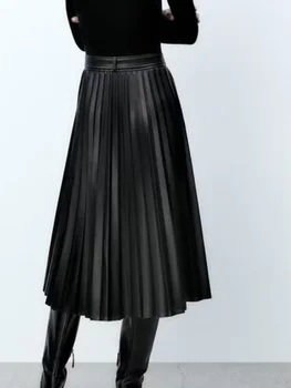 Kumsvag 2022 Sonbahar Kadın PU Pilili Etekler Casual Tatlı siyah kuşak Gevşek Kadın Zarif Sokak Orta Buzağı Etek Giyim
