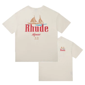 Kurbağa drift Yeni Moda Marka Streetwear Kayısı RHUDE logo Yelkenli baskı Boy Gevşek Tee gömlek erkekler kadınlar homme