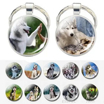 Köpek Anahtarlık Sibirya Husky Anahtarlık Cam Cabochon Anahtarlık Köpek Anahtarlık hayvan figürlü mücevherat Hediye Köpek Severler için
