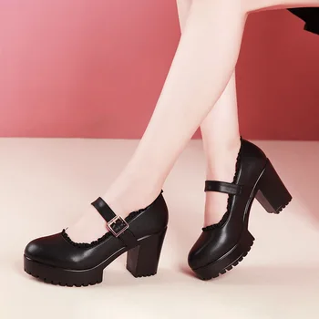 Küçük Boy 32-43 Sığ Yumuşak Deri Mary Janes Kadın Platformu Pompaları 2022 Blok Yüksek Topuklu Ayakkabılar Zarif Ofis Anne Modeli