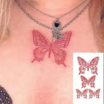 Kırmızı Kelebek Geçici Dövmeler Su Geçirmez Renkli Kol Bilek Göğüs Sahte Dövme Çıkartma Kadınlar Kızlar İçin Flaş Çıkartmaları Dövmeler