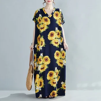 Kısa kollu büyük boy saten vintage çiçekli elbiseler kadınlar için rahat gevşek maxi uzun yaz plaj elbise zarif giyim 2022